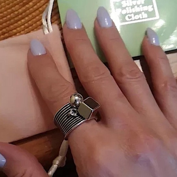 STERLING SILVER BALL SQUARE CHARM BAND ADJUSTABLE RESIZABLE RING - Picture 9 of 13